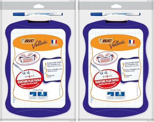 BIC Velleda Ardoise Effaçable à Sec Double Face Blanche et Seyes (21x31 cm) avec Feutre Effaçable à Sec et Effacette - Coloris Aléatoires, Lot de 2