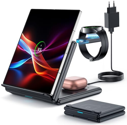 GEEKERA Induktive Ladestation Samsung, 3 in 1 Faltbare Wireless Charger für Samsung Z Fold/Flip/S25/S24/S23, Kabelloses Ladegerät für Galaxy Watch Ultra, Induktionsladegerät für Galaxy Buds-Schwarz