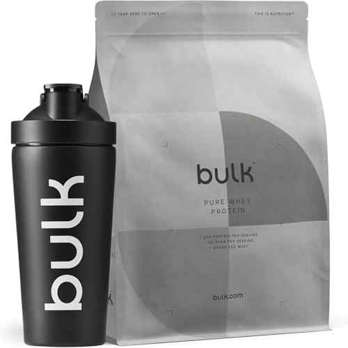 Bundle Of Bulk Pure Whey Protein Powder Shake and Bulk Deluxe Steel Shaker Bottle, Jet Black, 750 ml