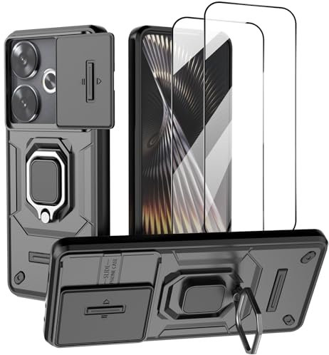 XINYEXIN Funda para Xiaomi Poco F6 5G, con Protector Pantalla Cristal Templado [2 PCS], Funda Cubierta de Cámara Deslizante Anillo Soporte Antigolpes Carcasa - Negro