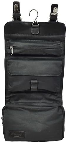Trousse de toilette faite à la main en cuir véritable à suspendre pour homme, Noir , H: 17 x L: 23.5 x W: 7 cm, Trousse de toilette
