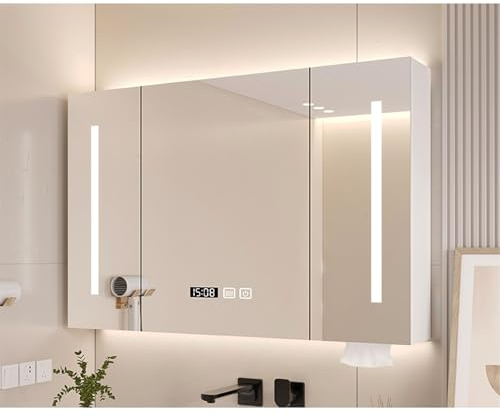 Spiegelschrank Bad Mit Beleuchtung, Badezimmerschrank Mit Spiegel, Badezimmerschrank Hängend, LED-Spiegellicht + Hintergrundbeleuchtung / Entnebelung / Uhr, Temperatur, Datum / Taschentuchhalter(Size: