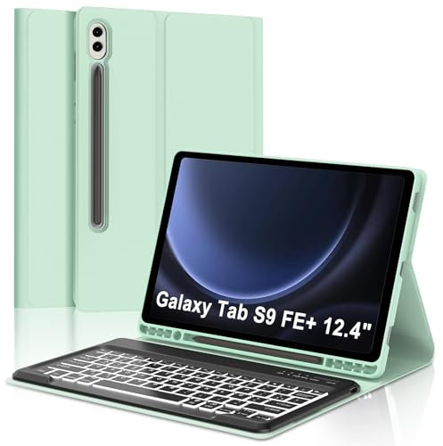 JADEMALL Coque Clavier pour Samsung Galaxy Tab S9 FE+ 12.4 2023, AZERTY Français Clavier Rétroéclairé Magnétique Détachable Bluetooth pour Samsung Tab S9 FE+ 12.4 2023, Vert Clair