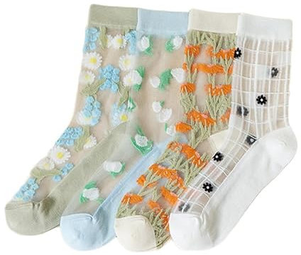 Alxad Socquettes Transparentes en Maille Broderie Fleur - Chaussettes Fines d'été Fantaisie pour Femmes et Filles - 5 Paires Vintage Verre