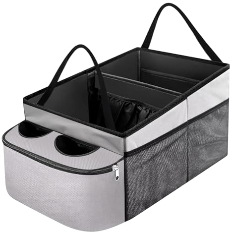 BYZESTY Auto Organizer mit Getränkehalter - Auto Organizer Kinder für Beifahrersitz, Autositz Organizer, Vorder- und Rücksitz Organizer, Auto Organizer Mittelkonsole (grau)