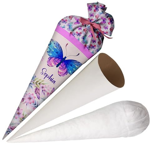 Ferocity Schultüte Schmetterling für Mädchen, Personalisierte Tüte, aus Stoff, 70 cm Zuckertüte mit Namen, runde Papprohling und Füllung aus Silikonkügelchen, große Tüte als Kissen [149]