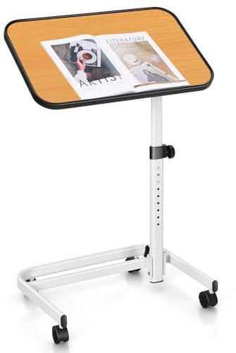 CASART C-Shaped Sofa Side Table, Height Adjustable Overbed Tables Multi-Angle Tilt Top End Table with Wheels, Mobile Bedside Table for Hospital Living Room Bedroom Office (Natural)