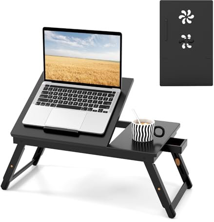 COSTWAY Table de Lit Pliable 53 x 33 cm, Plateau de Lit en Bambou avec Pieds Réglables et Plateau Inclinable, Support d'Ordinateur Portable avec Tiroir et Trous d'Aération (Marron)