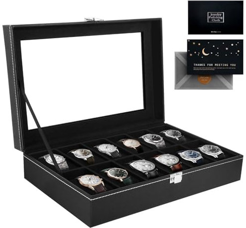 KIMIGO Uhrenbox mit 12 Fächern,Uhrenkasten mit Glasdeckel,Uhrenkoffer mit herausnehmbaren Uhrenkissen,Samtfutter in Schwarz,Uhrenbox Herren,Geschenkidee für Geburtstag Vatertag Valentinstag