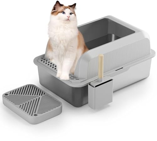 Große, hohe Seitenrand Offene Edelstahl Katzentoilette mit Front-Eingang, ABS Umrandung, Geruchsneutralisierung, hohe Härte, Urinundurchlässig, Anti-Verkrustung, leicht zu reinigen