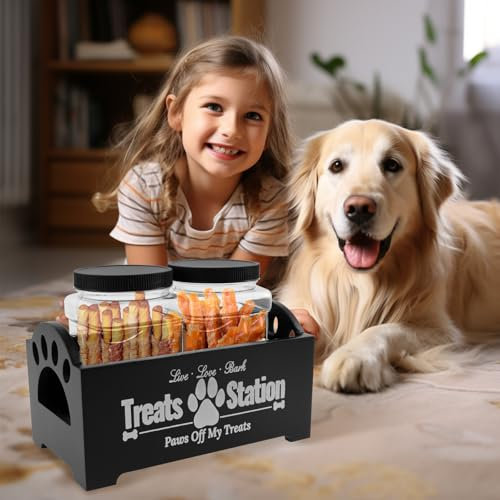 Wood Dog Treat Container, Dog Food Storage Container with 2 Plastic Jars, Rustic Cat Treat Container Dog Treat Jar Practical Dog Biscuit Storage Jar Pet Accessories for Pet Owners and Lovers(black)