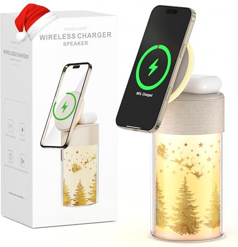 COLSUR 3 en 1 Altavoz Bluetooth Potente, Cargador Inalambrico iPhone AirPods, Lamparas de mesita de Noche, Adornos Luces Navidad, Regalos Originales para Mujer Hombre - Dorado (Christmas)