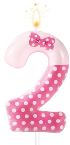 Pink Bow Number Birthday Candles, Pink and White Polka Dot Birthday Candles Cat Cartoon Birthday Decorations Candle Cake Topper for Girls Wedding Anniversary Party Supplies (Number 2)