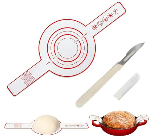 IKOPFLN 1 Stück Silikon Backmatte für Dutch, mit 1 x Brotschneider Wiederverwendbare Brotbackmatte Silikonmatte Antihaf & Leicht zu Reinigen Mit Extra langen Griffen Oval und Rund