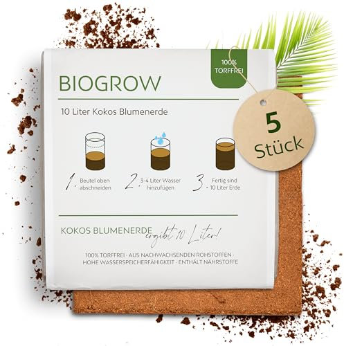 Bio Kokoserde gepresst im Quellbeutel - Biologisch abbaubare, torffreie Anzuchterde aus 100% Kokosfasern (10 Liter, 5 Stück)