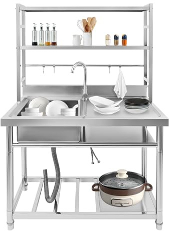 OUKANING Freistehende Edelstahl Spültisch Gastro 1 Becken, 100x50x160cm, Spüle Mit Abtropfbrett Und Praktische Haken, Edelstahl Waschtisch Outdoor (Links Spüle)