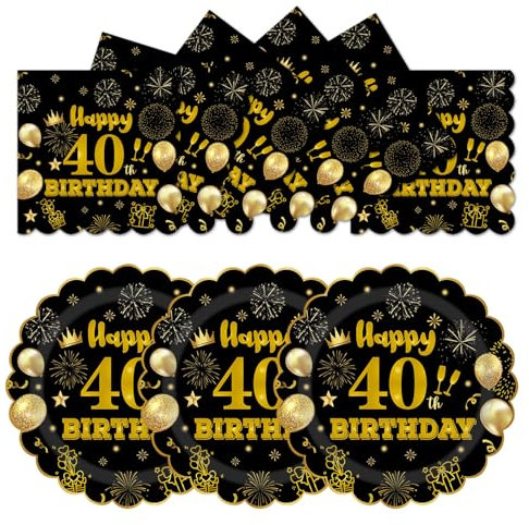 HFBOBP Lot de 50 assiettes et serviettes en carton jetables pour fête d'anniversaire 40 ans, 17,78 cm, noires et dorées, dessert, fête, pour mariage, anniversaire