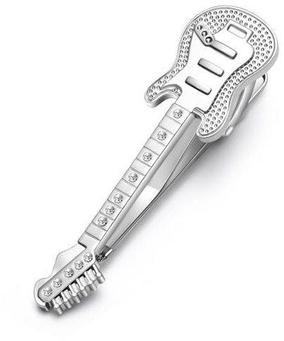 HONEY BEAR 2.12inch Krawattennadel Krawattenklammer Gitarre Musik Tie Clip für Herren Shirt Zubehör,Glänzendes Silber,5.4cm