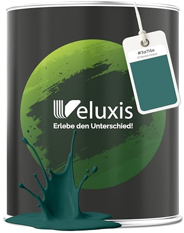 Veluxis Wandfarbe Grün Salbeigrün Dunkelgrün matt 1 L – Emerald Green | Innenfarbe mit Deckkraft Klasse 1, VOC-frei, ohne Grundierung, tropfarm, für Wohnzimmer und Schlafzimmer