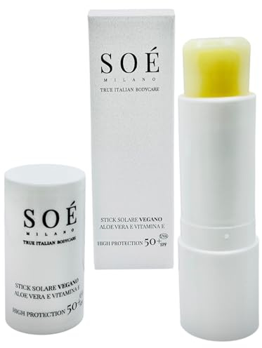Unsichtbarer VEGAN-Solar-Stick, hoher Schutz LSF 50+ für Gesicht, Körper, Lippen. Geeignet für Frauen, braune Flecken am Körper und jeden Bereich zum Schutz vor Sonnenstrahlen. Hergestellt in Italien