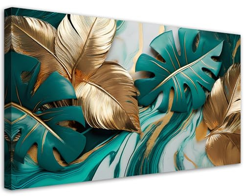 Feeby Leinwand Bilder - Bild Wohnzimmer - Monstera-Blätter Gold Türkis Marmor - 120x60 1tlg - Deko Schlafzimmer Groß - Dekoration Canvas - Gemälde - Modern Wandbilder - Kunstdruck