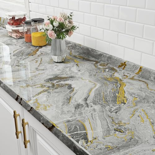 FunStick Glossy Grey and Gold Marble Effect Wallpaper Kitchen Cuoboard Worktop Vinyl Covering Liquid Marble Vinyl Wrap for Table Gold Grey Sticky Back Plastic Kitchen Living Room Wallpaper 30CMx5M