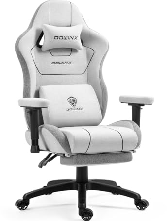 Dowinx Gaming Stuhl Stoff, ergonomischer Gamer Stuhl mit weich gepolsterten Komfort-Armlehnen, Stabiler Gaming Chair und Bürostuhl für langes Sitzen, Grau