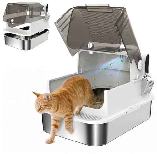 PawHut Katzenklo XXL Edelstahl mit Deckel 52L für große Katzen Weiß | Katzentoilette für Mehrere Katzen, mit Doppeltüren, Schaufel, Hoher Ränder, Leicht zu Reinigen, Anti-Leck, Geruchsresistent