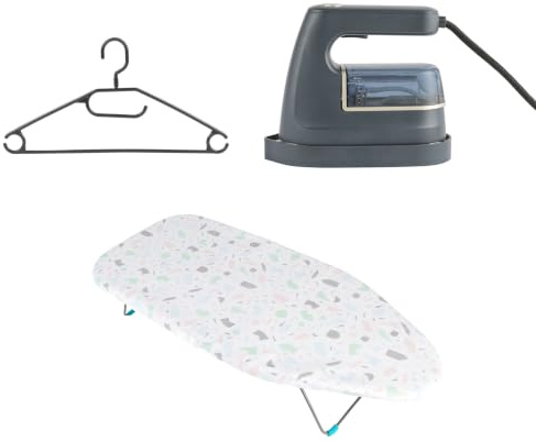 Beldray Travel Ironing Set with Iron, Board & 10 Clothes Hangers | 2 in 1 travel iron and steamer, tabletop ironing board and 10 plastic clothes hangers for easy garment care.