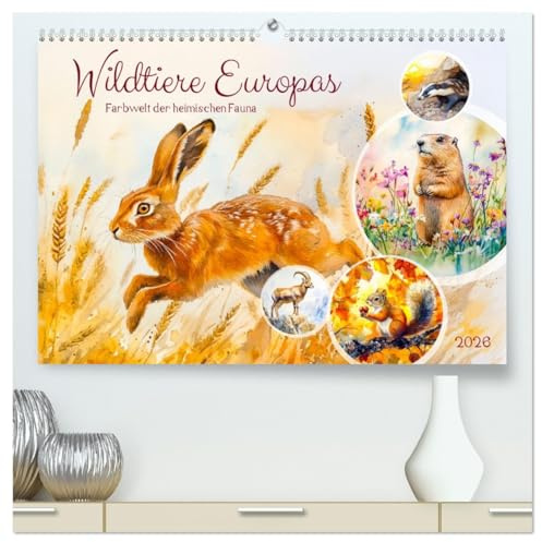 Wildtiere Europas - Farbwelt der heimischen Fauna (hochwertiger Premium Wandkalender 2026 DIN A2 quer), Kunstdruck in Hochglanz: Entdecken Sie die ... bezaubernden KI-Aquarellen (CALVENDO Tiere)