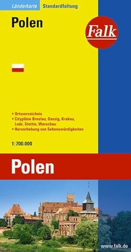 Falk Länderkarte Polen 1:750 000: Ortsverzeichnis, Citypläne Breslau, Danzig, Krakau, Lodz, Stettin, Warschau. Hervorhebung der Sehenswürdigkeiten