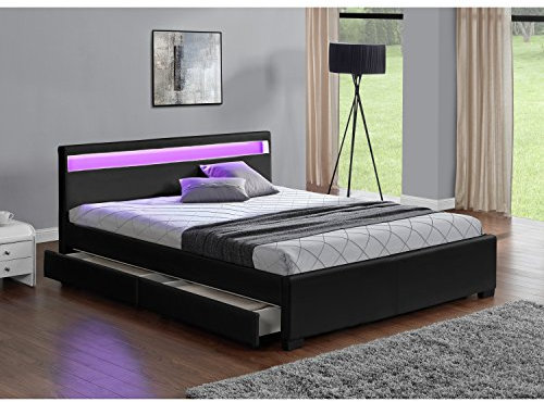 CONCEPT USINE | Lit Double Enfield 160 x 200 cm en Simili Noir | Design Moderne avec LED Multi-Couleurs et Rangements Intégrés | Tête de Lit Lumineuse avec Télécommande | Sommier Robuste en Bois