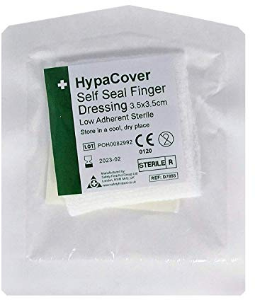 Safety First Aid HypaCover Pack of 12 Self Seal Finger Dressings | 3.5cm x 3.5cm Dressing Pad with Adhesive Strip