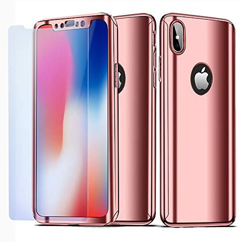 NALIA 360 Grad Handyhülle für iPhone XS Max - Slim - Hülle, Rose Gold | Gehärtetes Schutzglas inklusive, Kunststoffschale im Metall-Look, Erhöhter Kamerarand, Rahmen und Front mitgeschützt