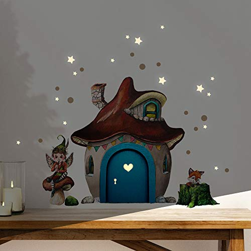 Elfentür Wichteltür Feentür Wandtattoo Pilzhaus kleiner Wichtel Fuchs im Wald + Leuchtsticker e35 - ausgewählte Farbe: *weiße Holztür*