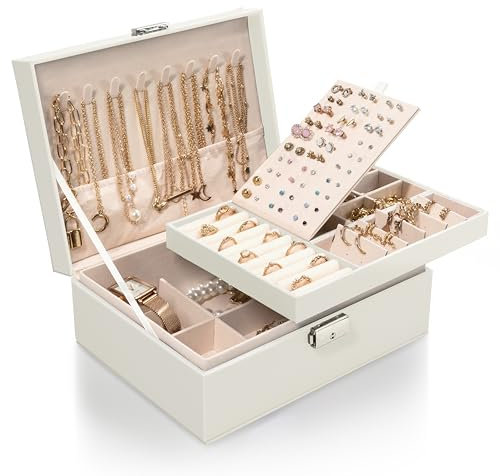 Sasha Morel 2-Layer Jewellery Box with Lock & Keys, Velvet Lined Travel Jewellery Box - Organiser - Necklace and Ring Storage, Gift for Girls and Women - Ideal for Home Accessories - Cream