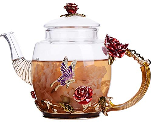 XUDREZ Glass Blooming Tea Teapot for Women - Red Rose Floral with Gold, 10.15oz/300ml