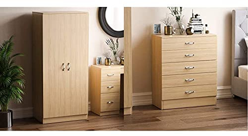 Vida Designs Riano 2 Door Wardrobe, Pine with Shelf & Hanging Rail Wooden Bedroom Storage Furniture & Pine Chest of Drawers, 5 Drawer with Metal Handles & Runners, Unique Anti-Bowing Drawer Support
