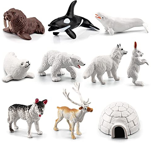NatureMan Lot de 10 mini animaux arctiques - Figurines d'animaux polaires - Comprend un ours polaire, un phoque, un renne, un loup, un lapin, un renard arctique, un igloo pour les tout-petits, cadeau