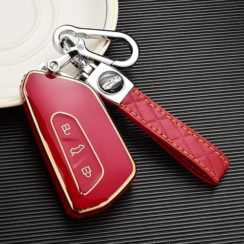 ontto Autoschlüssel Hülle mit Schlüsselanhänger Passt für VW Golf 8 R ID.3 ID.4 ID.6X Seat Leon MK4 Skoda Octavia A8 Enyaq 2020-2022 Schlüsselcover TPU Schutzhülle Schlüsseletui 3 Taste-Golden Rot