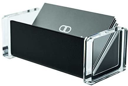 DELMON VARONE - Porta biglietti da visita in acrilico e pelle nera - Elegante portabiglietti da visita per ufficio, reception o bancone - Porta biglietti da visita per scrivania