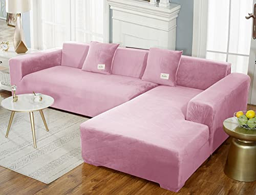 GUYIRT Super Stretch Copridivano A Forma Di L Peluche Di Velluto Fodera Per Divano Angolare Fodera Divano Con Fondo Elastico Protezione Per Soggiorno -rosa-2 posti + 2 posti