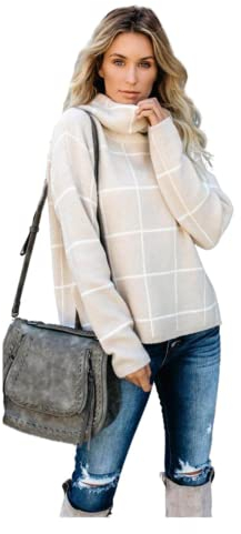 HEYPORK Damen Herbst Winter Warm Bequem Pullover Casual Mode Strickjacke Strickpullover Frauen Karierter Pullover Rollkragenpullover Karierter Strickpullover(Aprikose, XL)