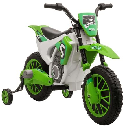HOMCOM Kids Electric Motorbike 12V Battery Powered for Ages 3-5 Years Green | Kids Motorbike for Boys and Girls, Training Wheels, Start-up Button, Pedal, Ride-On Toy