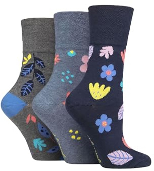 SockShop Gentle Grip Ladies Floral Spotted Patterned Striped Honeycomb Top Cotton Socks 3 Pairs Assorted Colours Size 4-8