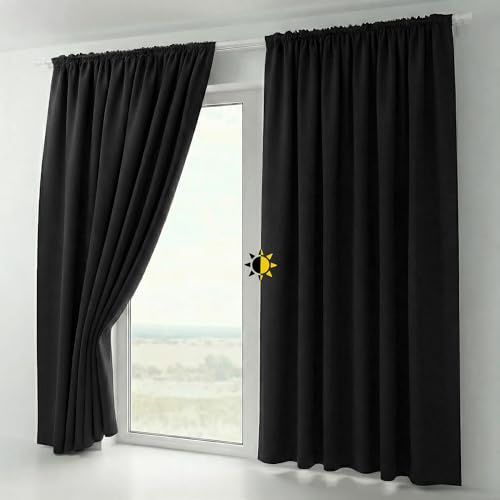 BEAUTEX 2er Set Kräuselband Verdunkelungsvorhang mit U-Band, Gardinen abdunkelnd und Blickdicht (B=140 cm, H=145 cm, Schwarz)