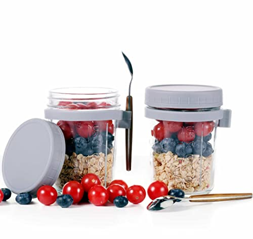 Eidoct Overnight Oats Container 2-Pack, Overnight Oats Jars with Lid and Spoon 10 oz Cereals, Milk, Fruit Salad, with Measurement Mark (2pcs grey)