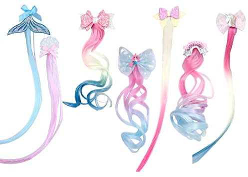 Locken Haarverlängerung Clips, 7 Stück Haarsträhnen Kinder Einhorn Bogen Prinzessin Haarspangen Mädchen Haarschmuck Bunte Haarsträhnen, Haarschmuck Mädchen Bunte Haarteile Party Ankleiden