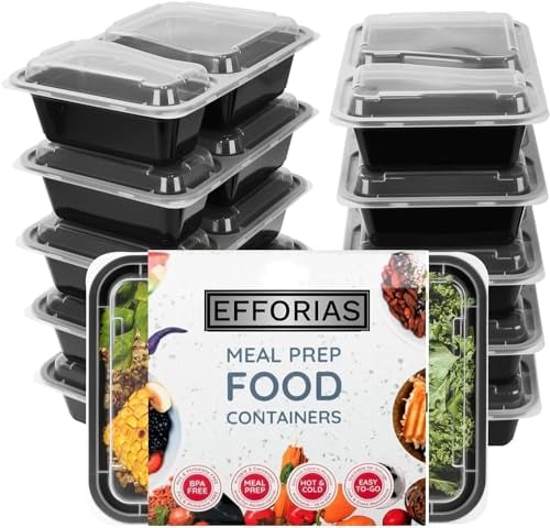 Efforias (10 Pack, 32oz) 2 Compartment Plastic Meal Prep Containers - Reusable BPA Free Food Containers with Airtight Lids - Microwavable, Freezer and Dishwasher Safe