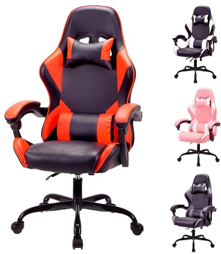 T-THREE.Ergonomischer Leder Gaming Stuhl Bürostuhl Drehstuhl Computerstuhl Rennstuhl Lederstuhl höhenverstellbar, mit Kopfstütze und Lendenwirbelstütze(Rot)
